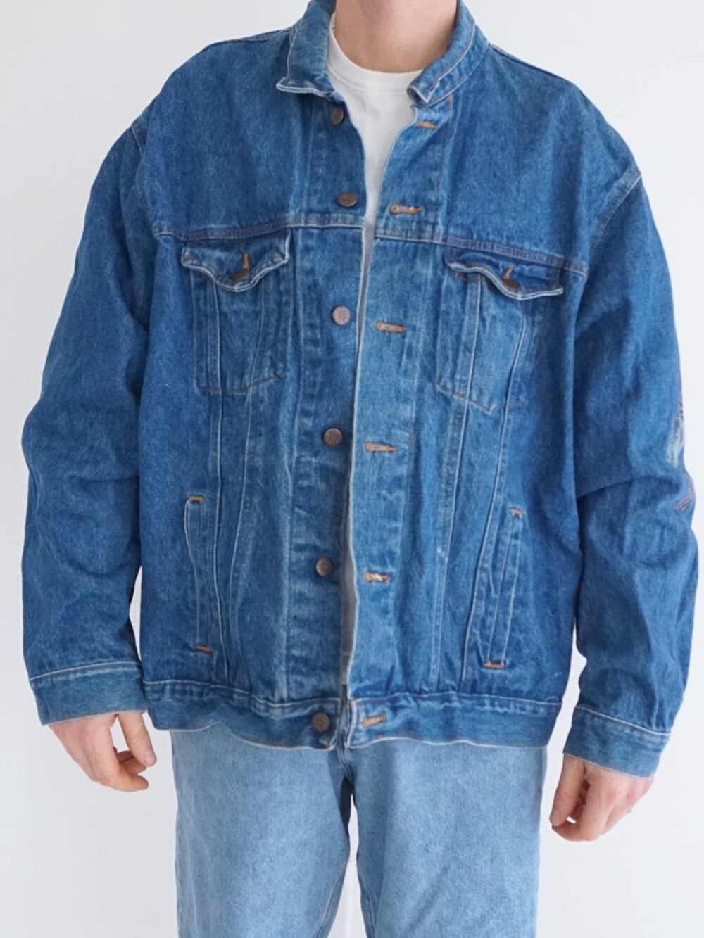 Vintage Three Rivers Blue Eagle Flag USA Embroidered Collectors Denim Jacket 2XL